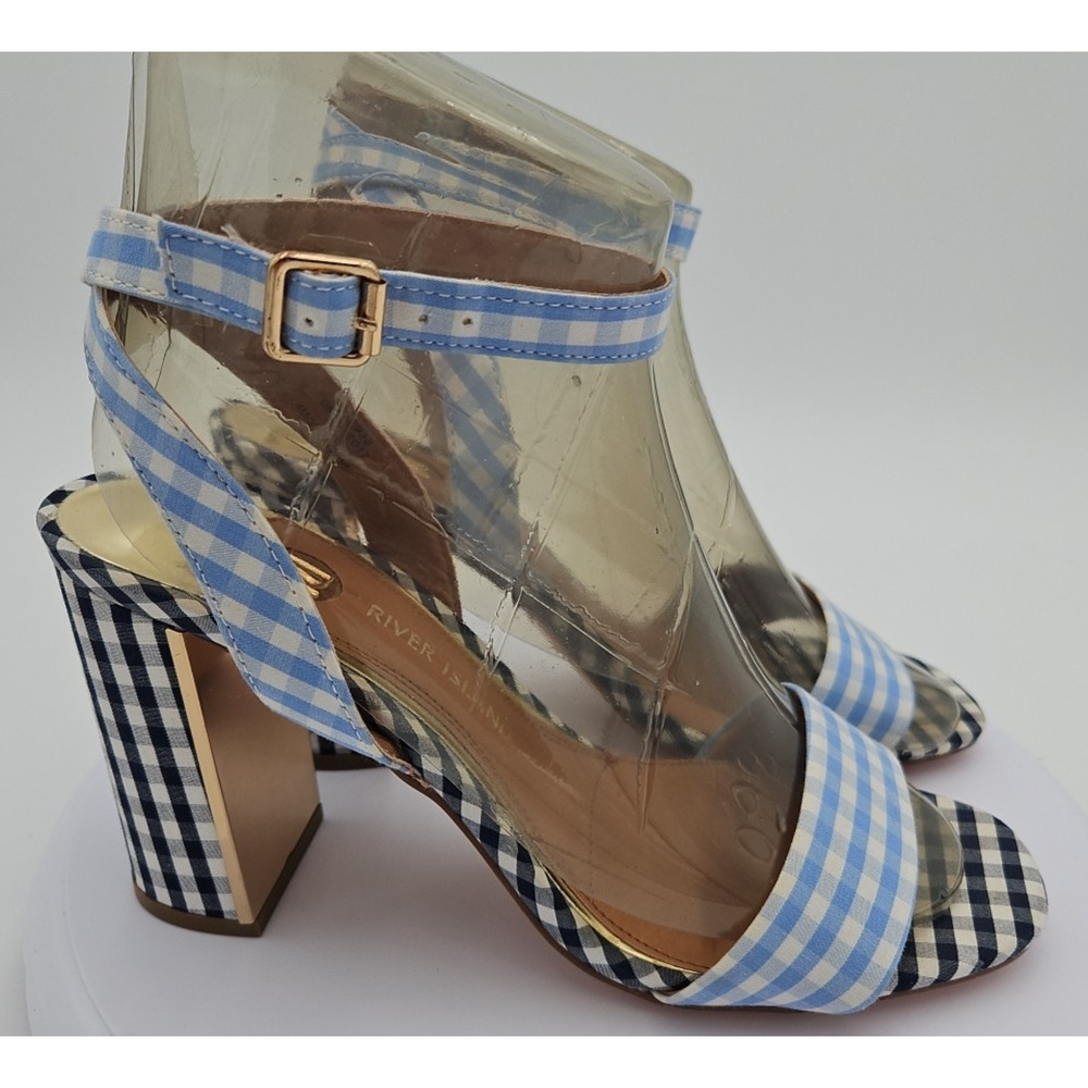 River Island Lt &‎ Dk Blue Gingham Strappy Sandal 4 inch Heels Womens Sz 7 *EUC* - Picture 5 of 16